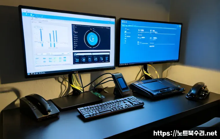 불광동 DRIVER_POWER_STATE_FAILURE - Photorealistic IT support desk in a compact Bulgwang-dong apartment office, dual monitors showing a ...