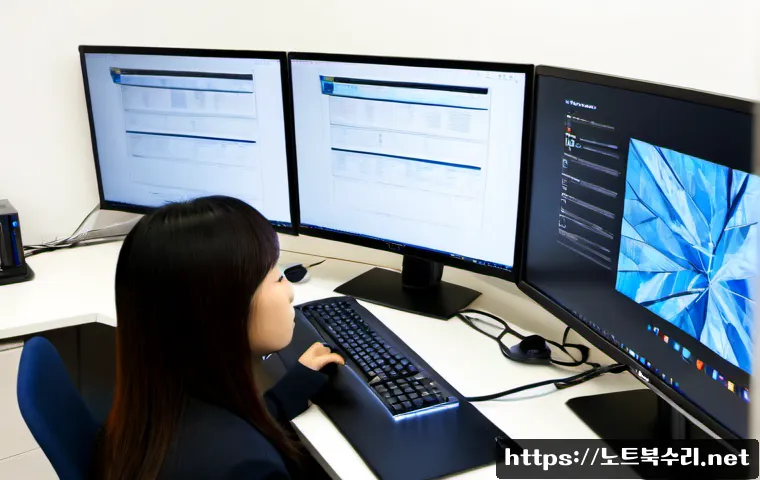 신교동 STATUS_MEMORY_VIOLATION - Photorealistic IT support workstation in a compact Seoul office near Singyo-dong, dual monitors show...