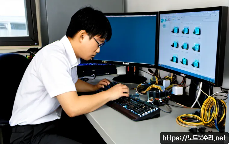 사음동 본체 꺼졌다 켜졌다 할때 - Photorealistic PC repair workstation in a compact industrial office, desktop tower repeatedly poweri...