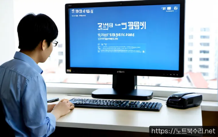 가업동 KERNEL_DATA_INPAGE_ERROR - Photorealistic IT support workstation in a compact Korean neighborhood office, dual monitors showing...