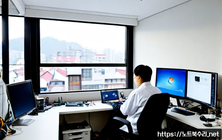 교북동 STATUS_KERNEL_DRIVER_CORRUPTION - Photorealistic Korean IT repair workstation in a compact Geobuk-dong office, desktop tower opened be...