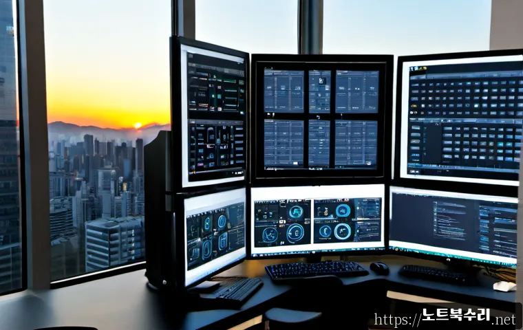 호계동 STATUS_MEMORY_OVERFLOW - Photorealistic IT support workstation in a compact Hogye-dong office, dual monitors showing abstract...