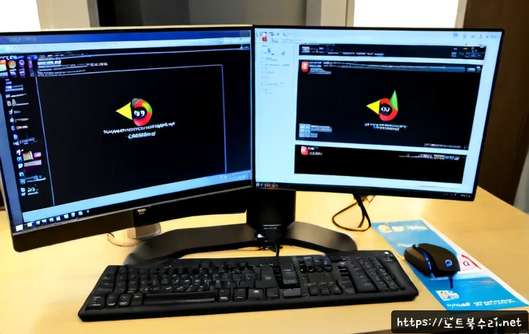휘경동 BOOTMGR is Compressed - Photorealistic IT support workstation in a compact Hwigung-dong apartment office, dual monitors show...