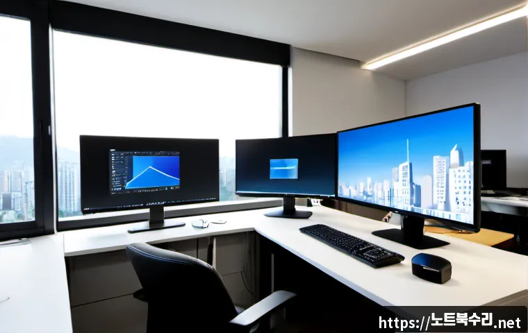 금호동 INVALID_KERNEL_HANDLE - Photorealistic IT support workstation in a compact hillside apartment office, dual monitors showing ...
