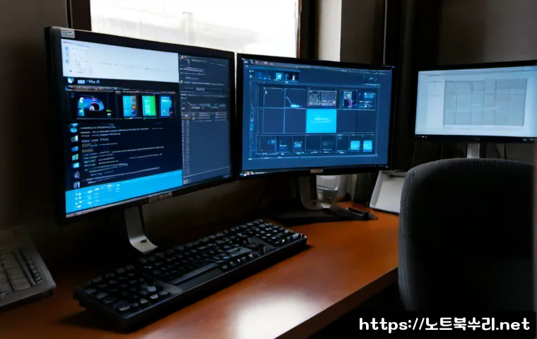 돈의동 STATUS_KERNEL_EXECUTION_ERROR - Photorealistic IT support workstation in a compact Donui-dong office, dual monitors showing abstract...