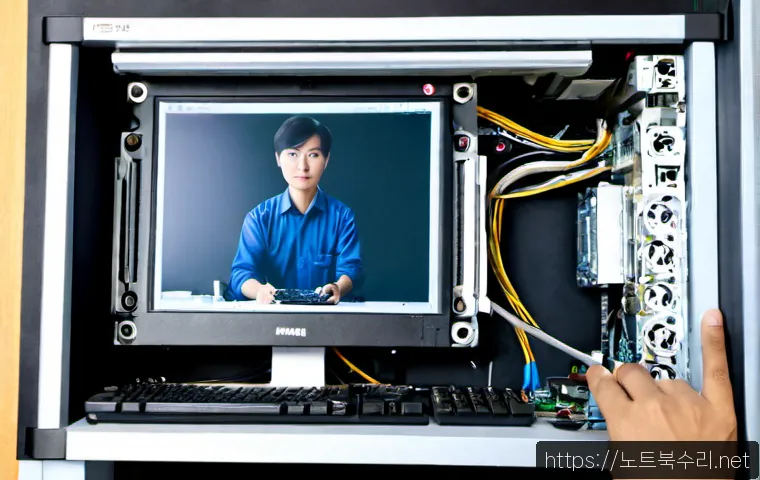 신교동 HDD조립 및 교체수리 - Photorealistic computer repair workstation in Singyo-dong, technician carefully installing a new