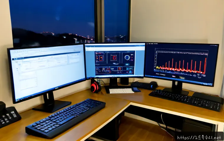 풍무동 STATUS_DISK_READ_FAILURE - Photorealistic IT support workstation in a modern apartment office, dual monitors showing abstract s...