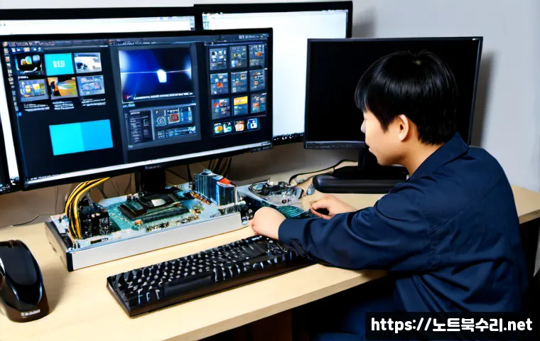 의정부동 컴퓨터업그레이드 - Photorealistic computer upgrade workstation in a compact Uijeongbu-dong repair studio, technician in...