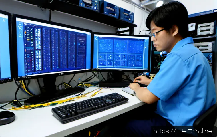 관수동 MACHINE_CHECK_EXCEPTION - Photorealistic remote-support workstation in a compact Gwan-su-dong electronics repair office, dual ...