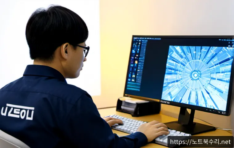강서구 CRITICAL_OBJECT_TERMINATION - Photorealistic IT support workstation in Gangseo-gu, Seoul, dual monitors showing a frozen 3D CAD as...
