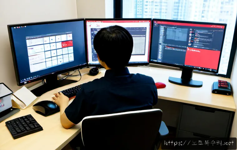 삼교동 ATTEMPTED_EXECUTE_OF_NOEXECUTE_MEMORY - Photorealistic remote IT support workstation in a compact Samgyo-dong office, dual monitors showing ...