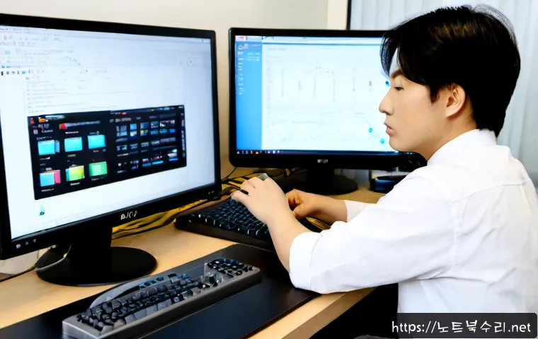 금정동 STATUS_DRIVER_ENTRYPOINT_NOT_FOUND - Photorealistic computer repair workstation in a compact Geumjeong-dong office, technician examining ...