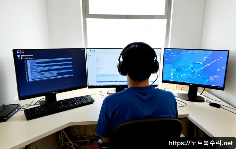 녹번동 STATUS_KERNEL_CONFIGURATION_ERROR - Photorealistic remote-support workstation in a quiet Nokbeon-dong apartment, dual monitors showing a...