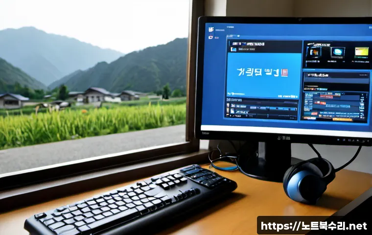 관인면 FAT32_FILE_SYSTEM - Photorealistic remote-support workstation in a quiet rural Korean township office, desktop monitor s...