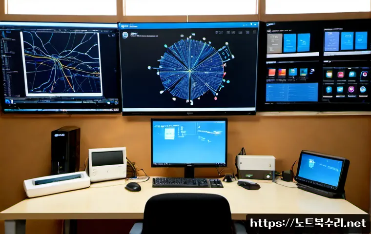 북한동 THREAD_TERMINATION_PORT - Photorealistic IT support workstation in a quiet hillside neighborhood office, dual monitors display...