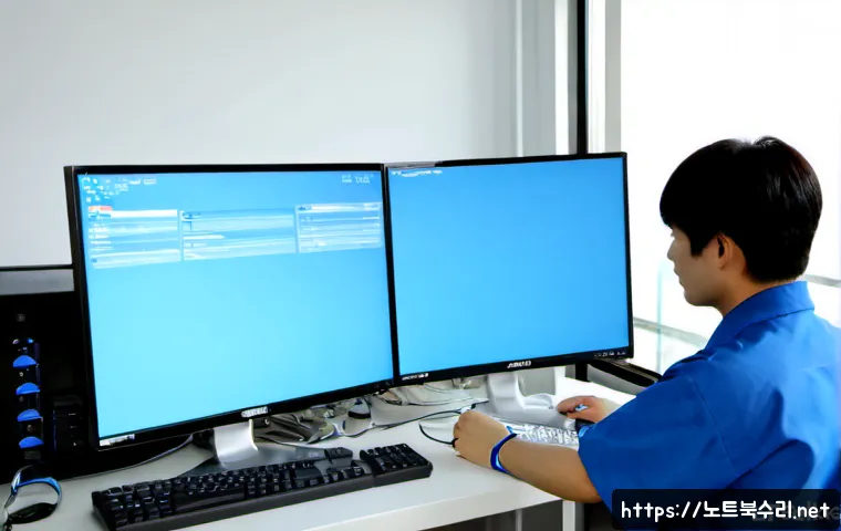 용인시 PAGE_FAULT_IN_NONPAGED_AREA - Photorealistic IT support workstation in Suji, Yongin, dual monitors showing a blank blue diagnostic...