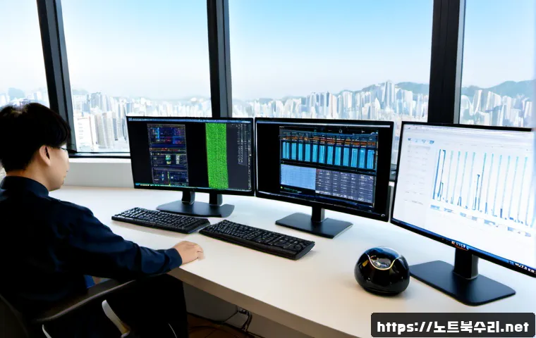 서구 STATUS_INVALID_LOCK_SEQUENCE - Photorealistic IT support workstation in a modern Seo-gu office, dual monitors displaying abstract l...