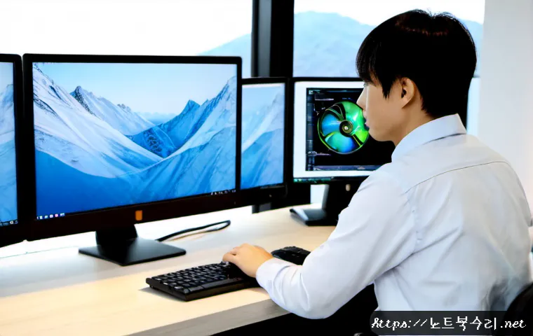 고림동 STATUS_KERNEL_MODULE_FAILURE - Photorealistic CAD workstation in a modern Yongin design office, dual monitors showing a frozen abst...