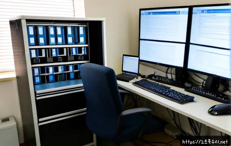 둑실동 STATUS_IO_TIMEOUT - Photorealistic IT support workstation in a compact Duksil-dong office, dual monitors showing a froze...