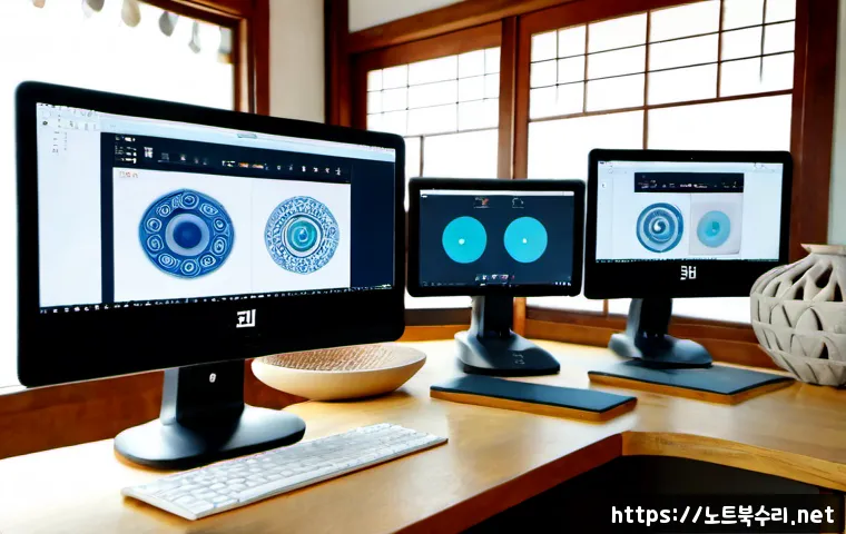 인사동 STATUS_NO_MEMORY - Photorealistic creative workstation inside a quiet traditional Korean craft studio, dual monitors sh...