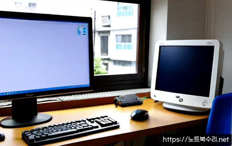 흥도동 pc에 문제가 발생하여 다시 시작해야 합니다 - Photorealistic desktop workstation in a compact Heungdo-dong apartment study, dual monitors showing ...