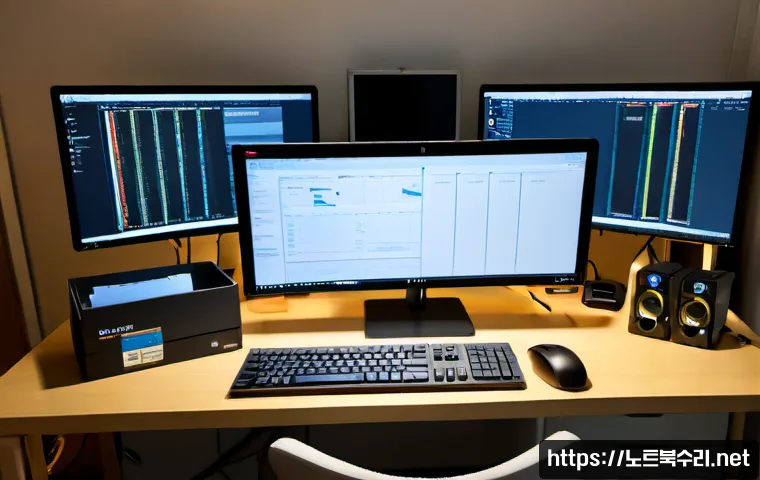 누읍동 해놀로지 xpenology 구축 - Photorealistic compact home-office workstation in a quiet Korean suburban apartment, custom multi-ba...