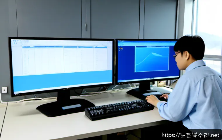 진건읍 STATUS_KERNEL_EXECUTION_ERROR - Photorealistic remote IT support workstation in a quiet Jinjeon-eup industrial office, dual monitors...