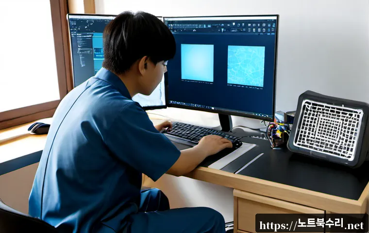 입북동 STATUS_FILE_CORRUPTION - Photorealistic compact workstation in a quiet suburban Korean district apartment, dual monitors show...