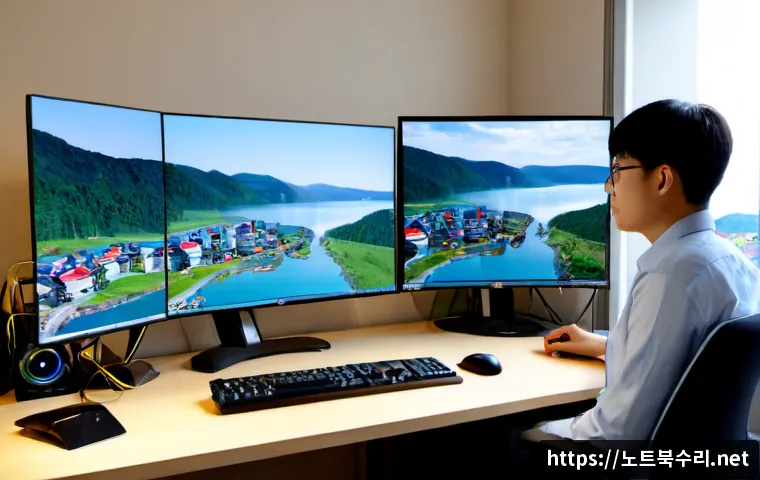 이의동 부팅안됨 - Photorealistic IT support workstation in a modern apartment near a quiet lakeside new-town district,...