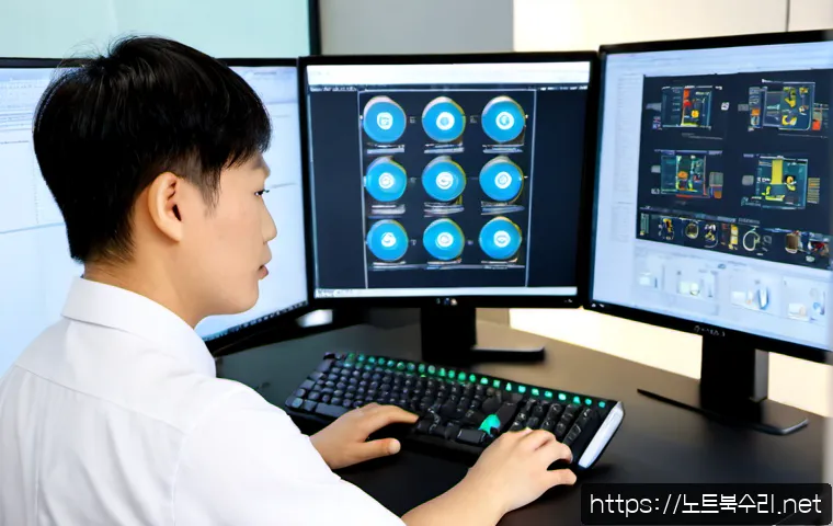벌음동 STATUS_NO_MEMORY - Photorealistic IT support specialist at a clean dual-monitor workstation, reviewing a detailed 3D me...