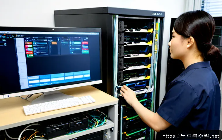 풍도동 파일서버출장방문수리점 - Photorealistic on-site file server repair in a compact Pungdo-dong office, technician connecting dia...