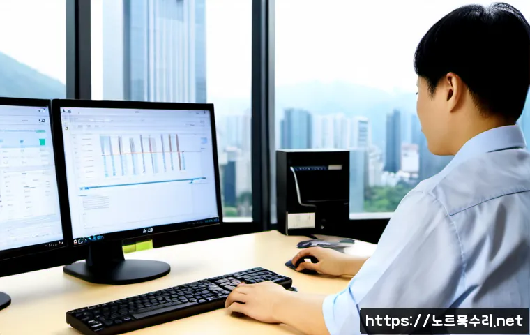 주자동 THREAD_TERMINATION_PORT - Photorealistic IT support workstation in a modern Seoul office, dual monitors showing a clean abstra...