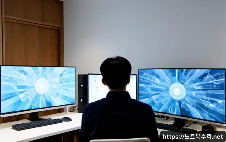 가재동 CLOCK_WATCHDOG_TIMEOUT - Photorealistic IT support workstation in a compact Gajae-dong apartment office, dual monitors showin...