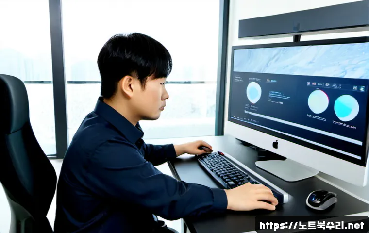 기흥구 STATUS_IO_TIMEOUT - Photorealistic IT support workstation in a modern Giheung-gu technology office, dual monitors showin...