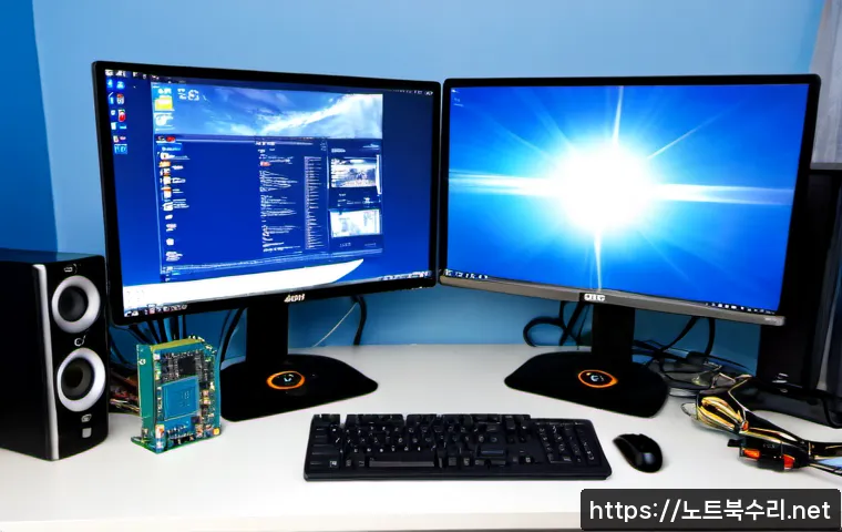 마도면 VIDEO_DRIVER_INIT_FAILURE - Photorealistic PC repair workstation in a quiet Mado-myeon home office, dual monitors frozen on a pl...