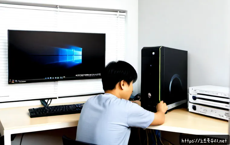 도당동 중고컴퓨터 pc 출장판매설치 - Photorealistic compact computer workshop in a low-rise neighborhood, technician installing a refurbi...