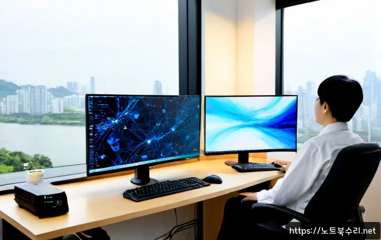 지금동 BAD_POOL_CALLER - Photorealistic IT support workstation in a modern apartment office near a quiet riverside district, ...