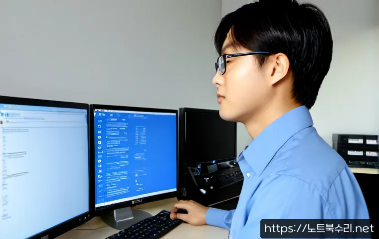 중대동 STATUS_KERNEL_LOG_FAILURE - Photorealistic remote IT support workstation in a quiet suburban Korean office, dual monitors showin...