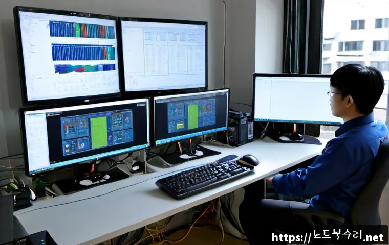 송림동 STATUS_IMAGE_NOT_FOUND - Photorealistic remote IT support workstation in a compact Songrim-dong office, technician using a du...
