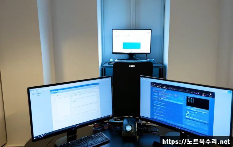 휘경동 STATUS_KERNEL_POWER_FAILURE - Photorealistic IT support workstation in a compact Huigyeong-dong apartment office, dual monitors sh...