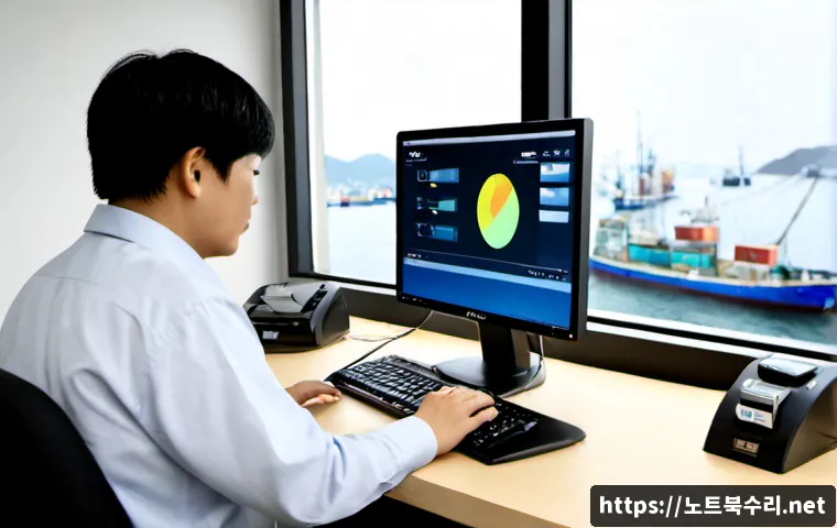 연평면 프로그램응답없음 - Photorealistic remote-support workstation in a compact island office, desktop monitor showing a froz...