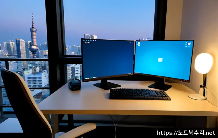 오금동 절전모드 - Photorealistic modern desktop workstation in a quiet Ogeum-dong apartment study at dusk, dual monito...