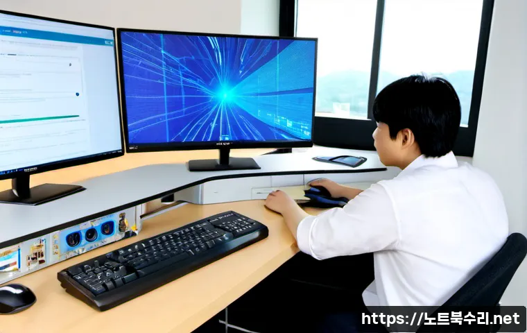 옥길동 INVALID_KERNEL_HANDLE - Photorealistic IT support workstation in a modern apartment-office near a quiet Korean new-town gree...