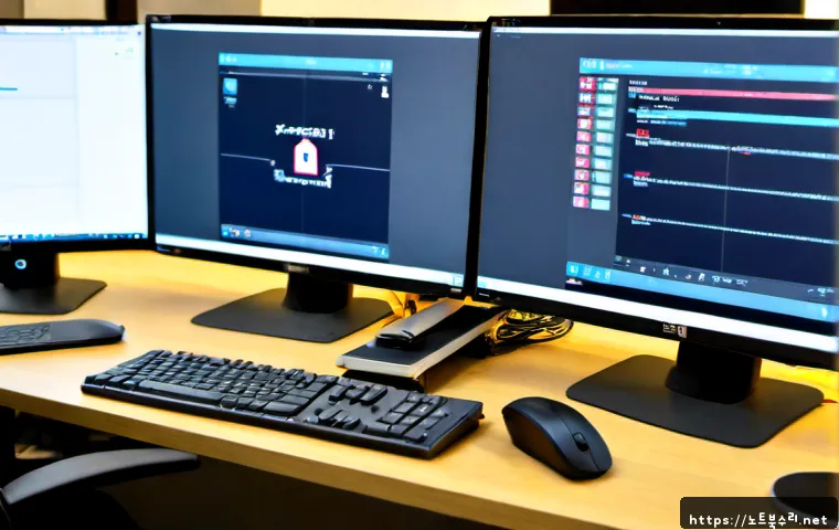 율전동 STATUS_IMAGE_ACCESS_DENIED - Photorealistic remote-support workstation in a compact Yuljeon-dong apartment office, dual monitors ...