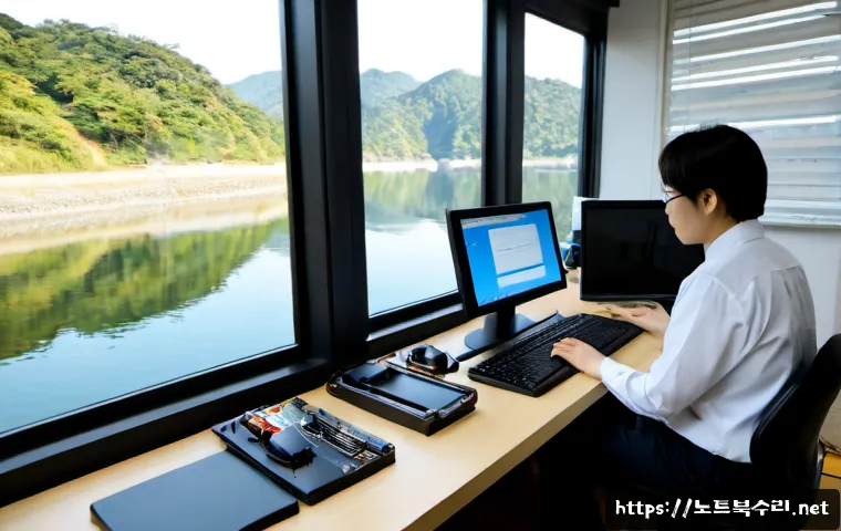 강하면 UNMOUNTABLE_BOOT_VOLUME - Photorealistic IT support workstation in a quiet Korean riverside office, dual monitors showing abst...