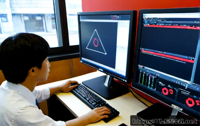 가락동 STATUS_INVALID_PARAMETER - Photorealistic IT support workstation in Garak-dong, Seoul, dual monitors showing a clean unbranded ...