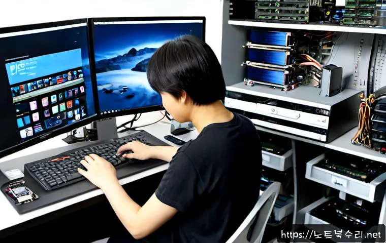 상사창동 컴퓨터업그레이드 - Photorealistic computer upgrade workstation in a compact Korean neighborhood repair studio, technici...