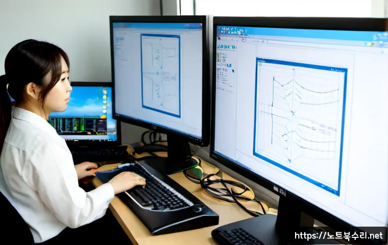 경안동 STATUS_INVALID_CALLER - Photorealistic IT support workstation in a compact Gyeongan-dong office, dual monitors showing abstr...