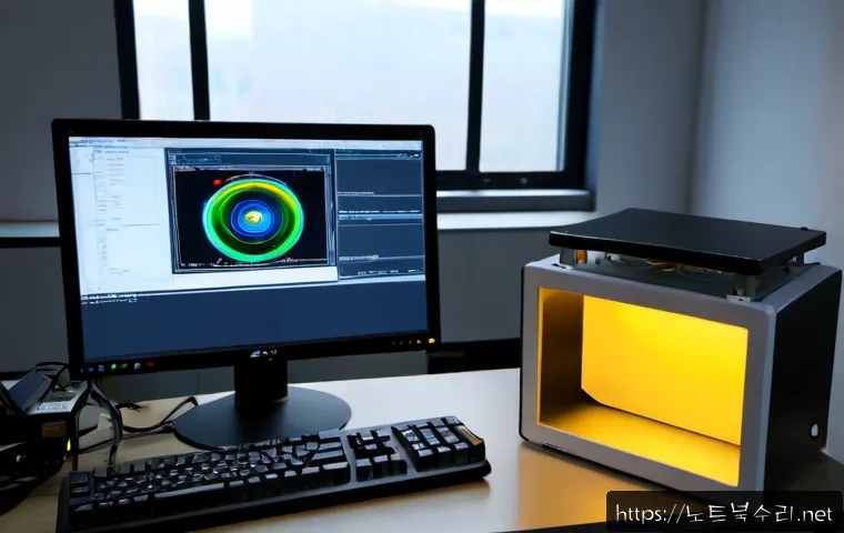 제기동 NMI_HARDWARE_FAILURE - Photorealistic remote-support workstation in a compact Jege-dong office, desktop monitor displaying ...