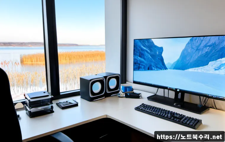 고양시 NMI_HARDWARE_FAILURE - Photorealistic IT support workstation in a modern Goyang apartment office, dual monitors showing a f...